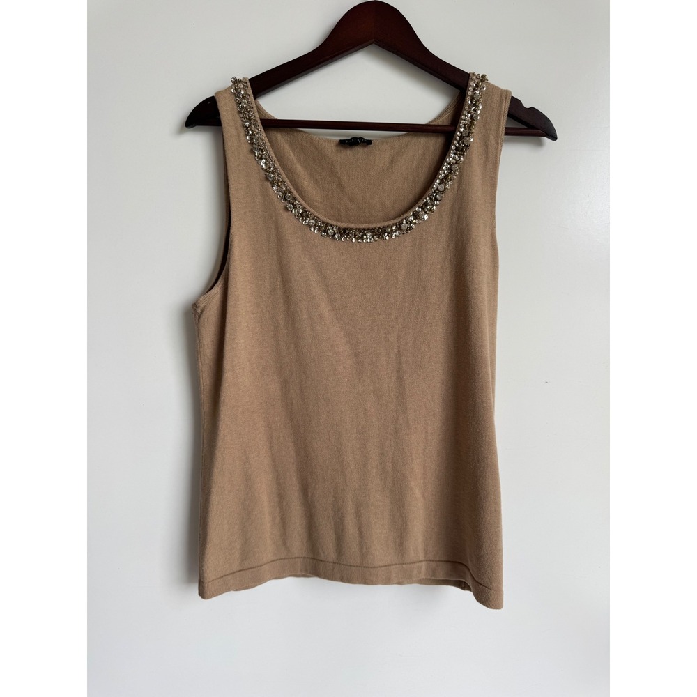 Talbots Tan Silk Cashmere Beaded Neckline Knit Tank Top Large Quiet Luxury soft